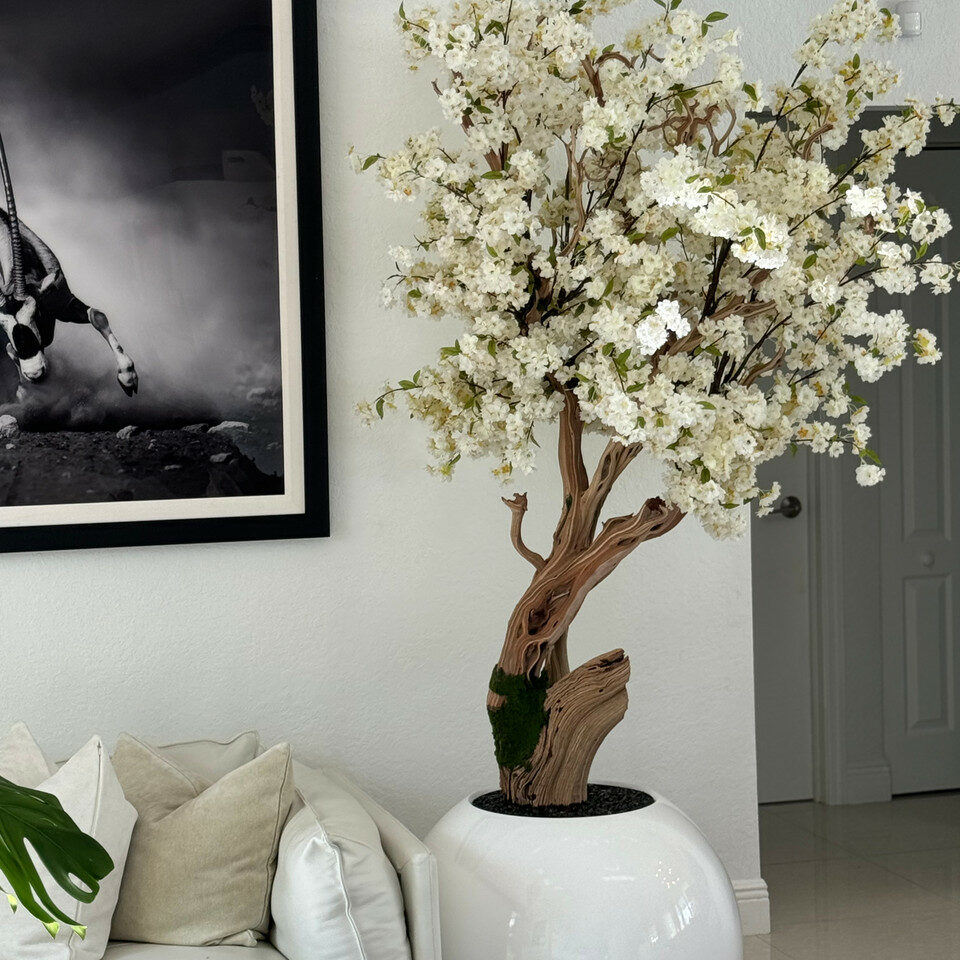 Shiny white globe vase with personalized cherry blossom tree