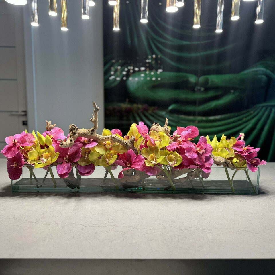 Modern House Glass Vase with Pink Vanda Orchids and Green Cymbidiums