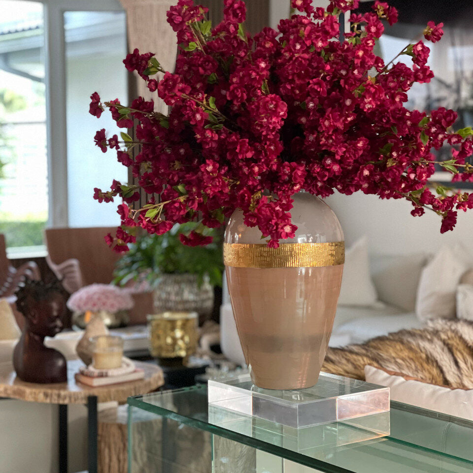 "Goddess" vase with burgundy cherry blossoms