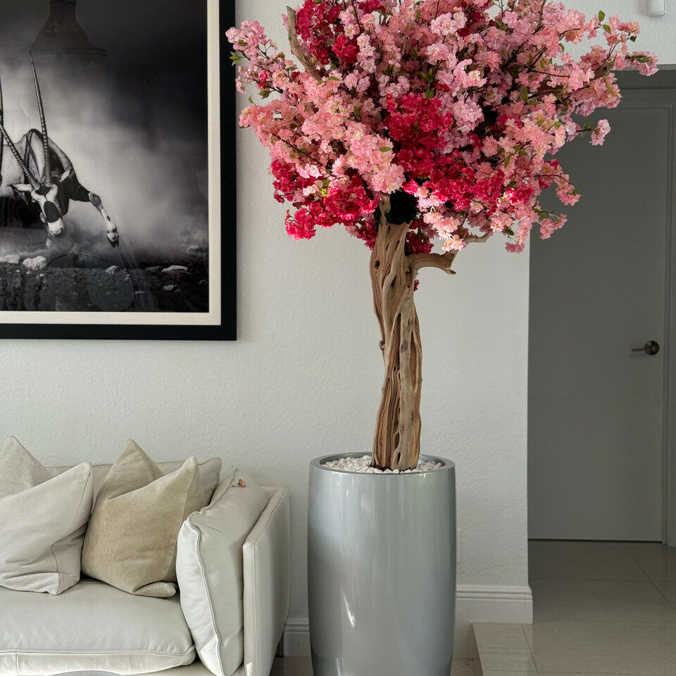 Shiny Silver Lisbon Vase with Custom Tricolor Pink Cherry Blossom