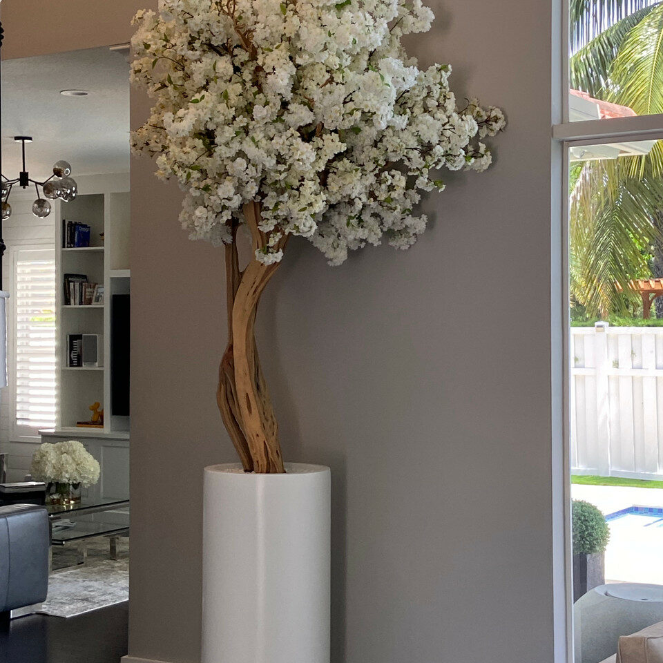 Matte Beige St. Tropez Vase with White Cherry Blossom Tree