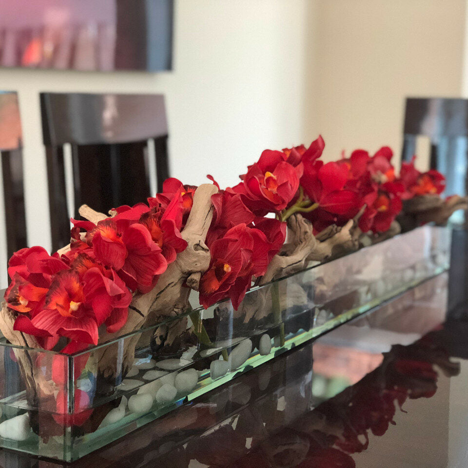 Modern House 48" Glass Planter with Red Cymbidiums