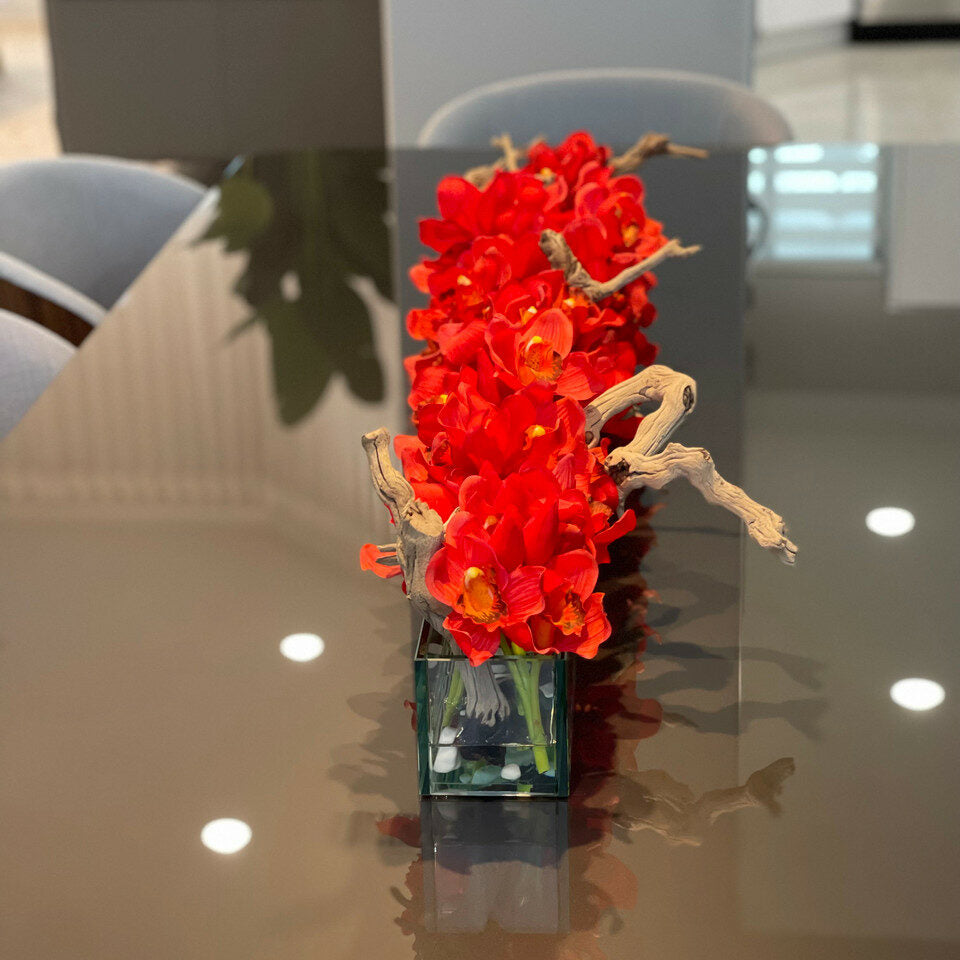 Modern Glass Plant Pot "Modern Home" 122 cm with Red Cymbidiums