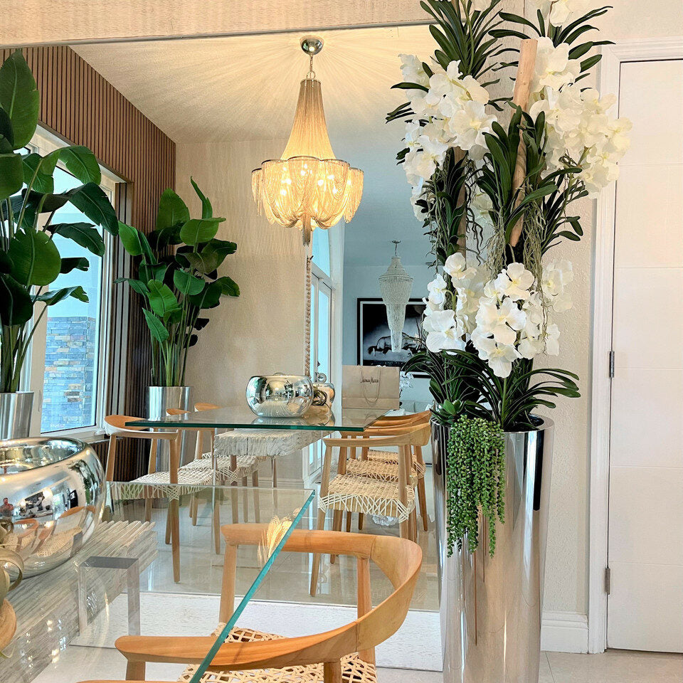 White Vandas in Conical Stainless Steel Planter