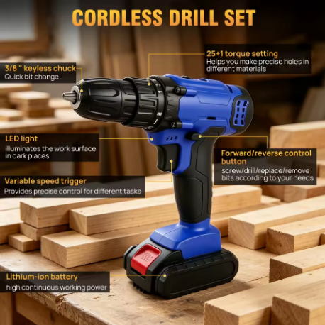 21V Cordless Drill Driver Kit — 29-Piece Set with LED Light & 25+1 Torque Control