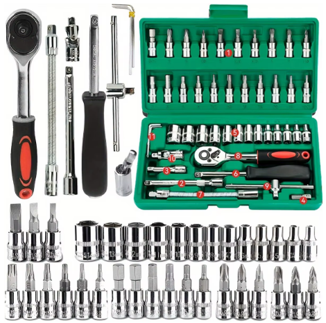 46-Piece Mechanics Tool Set — Metric & Imperial Sockets with Ratchet Wrench
