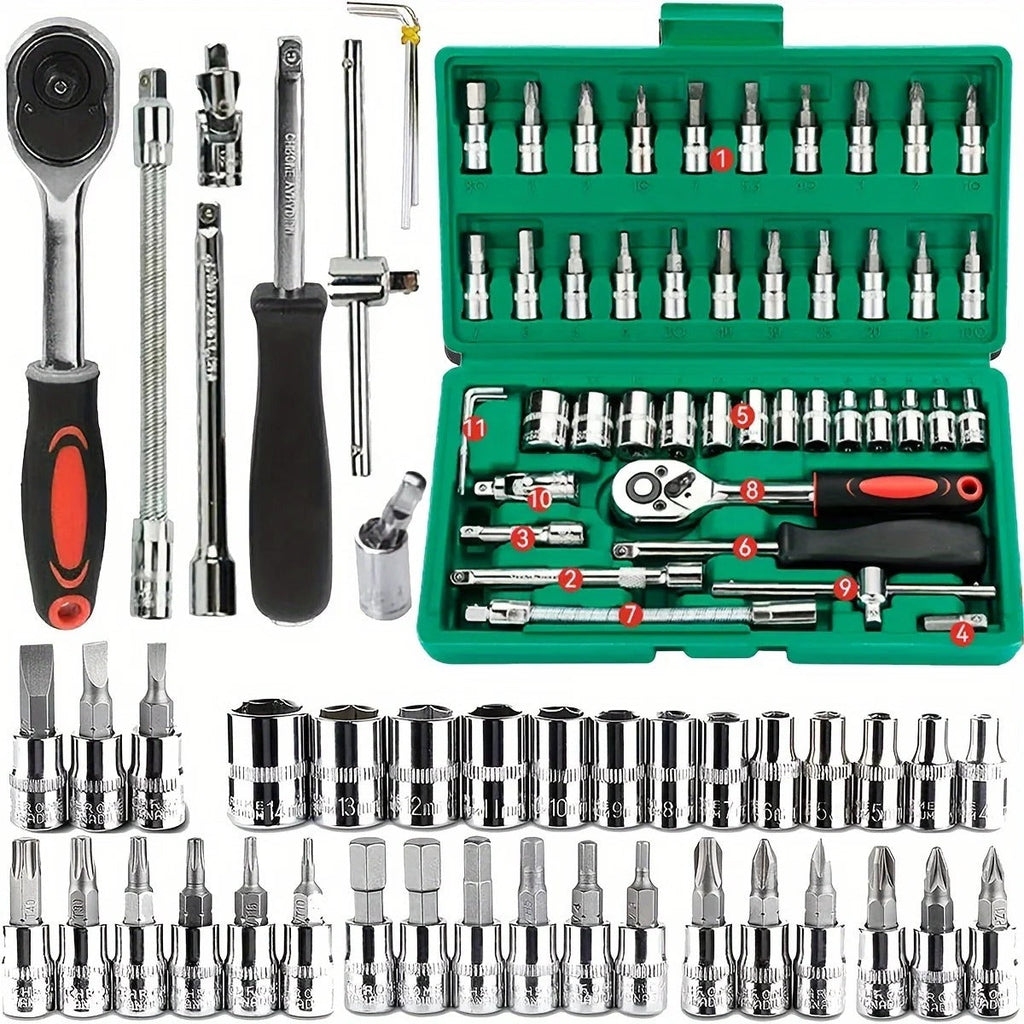 Pro 46-Piece Ratchet Socket Set — Heavy-Duty Metric & Hex Tool Kit