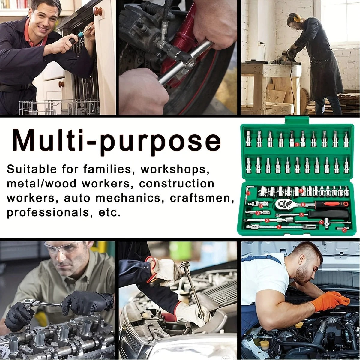 Pro 46-Piece Ratchet Socket Set — Heavy-Duty Metric & Hex Tool Kit